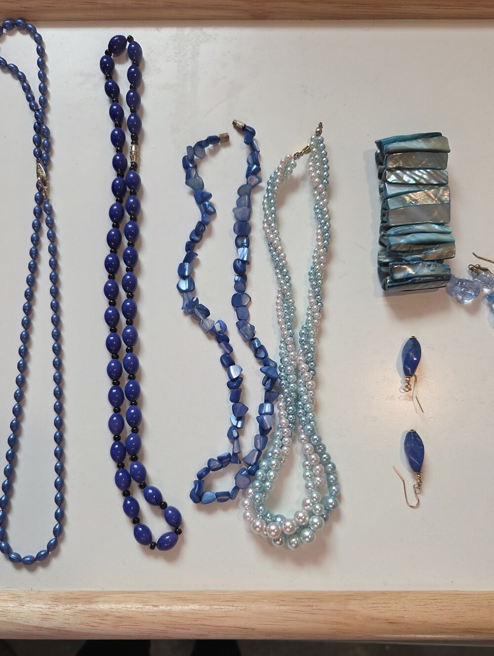 Vintage Blue Jewelry Lot Necklaces Earrings Mother of Pearl Bracelet 7 Pieces